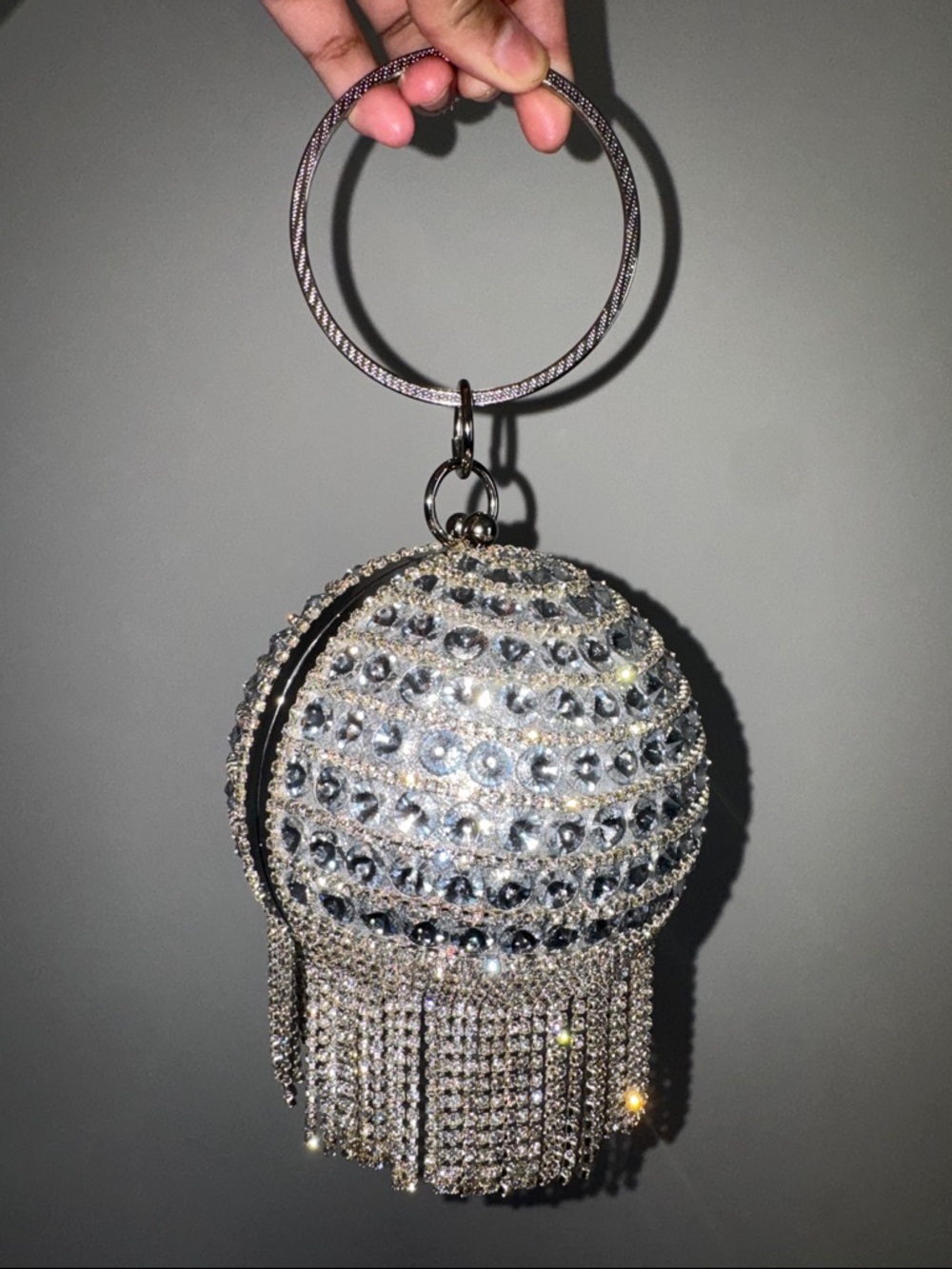 Silver Crystal Fringe Ball Keyring Clutch Charm